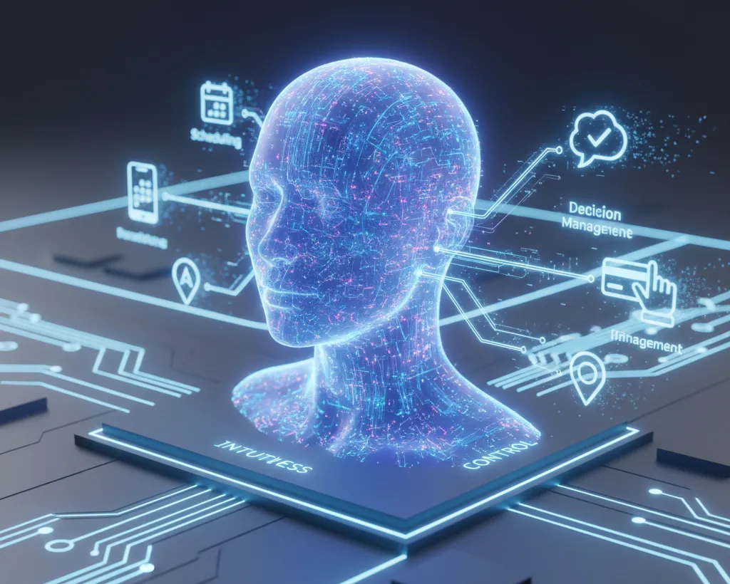 A powerful central AI processor icon with speech bubbles and glowing data connections, symbolizing the intelligence and speed of modern AI assistants.