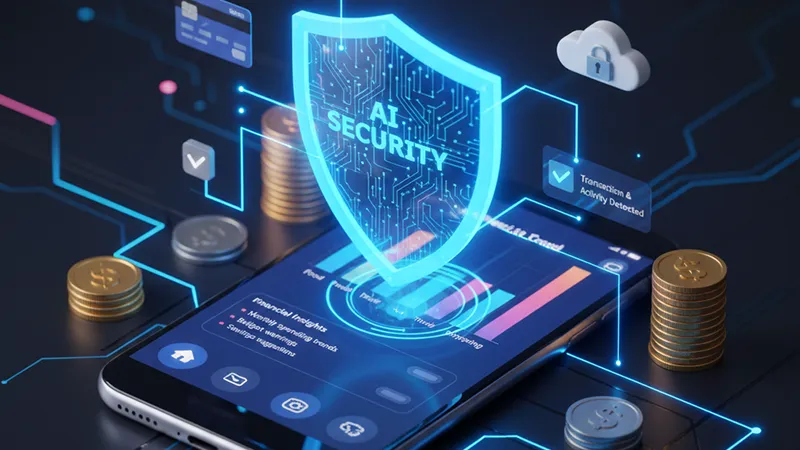 A futuristic smartphone interface showing AI-driven finance features like real-time fraud alerts, automated spending charts, and predictive savings insights.