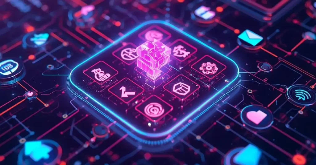 Glowing digital circuit board with app icons illustrating how AI is used in everyday mobile applications.