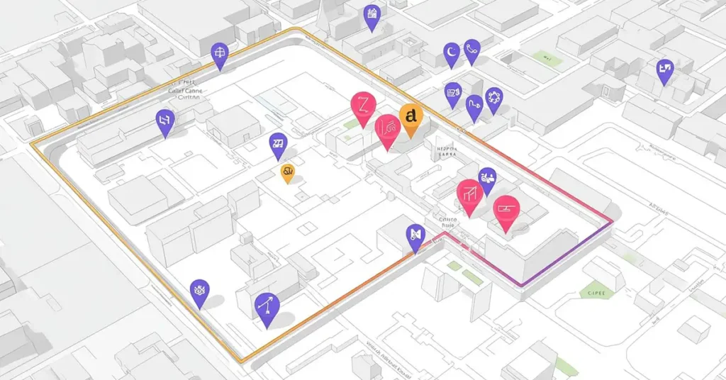 3D digital map with a highlighted route and location pins, illustrating AI navigation.