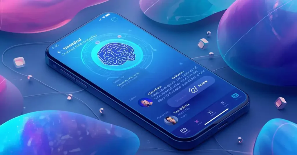 Futuristic smartphone showing a messaging app interface with a glowing AI brain icon.