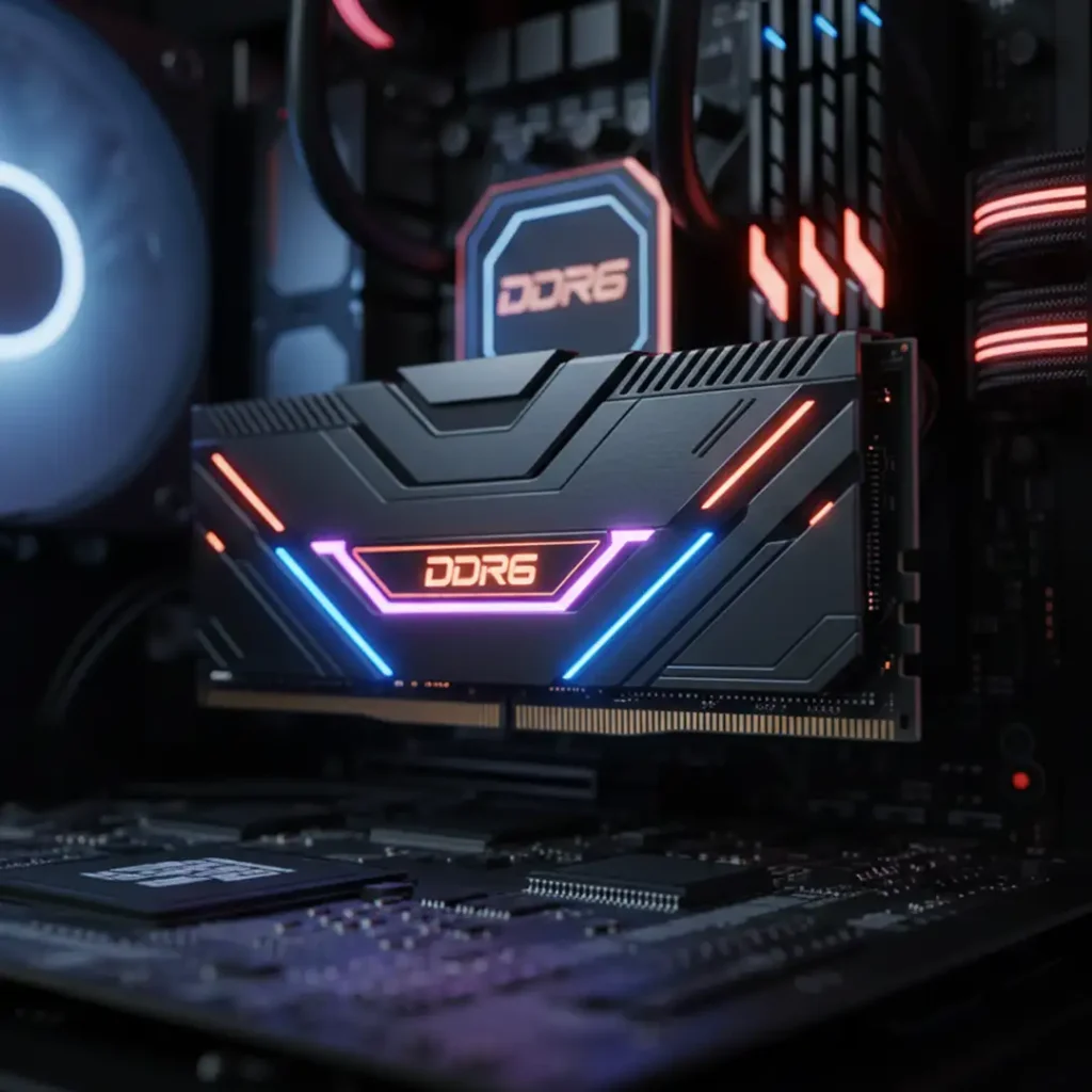 Futuristic DDR6 RAM module with glowing circuits on a high-tech motherboard.