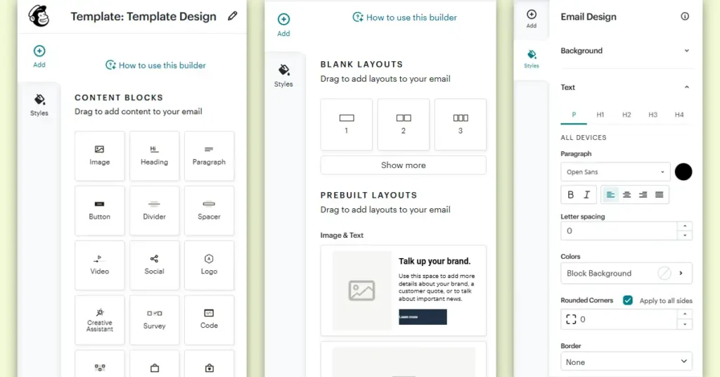 Mailchimp drag-and-drop email builder interface showing content blocks and layout options.