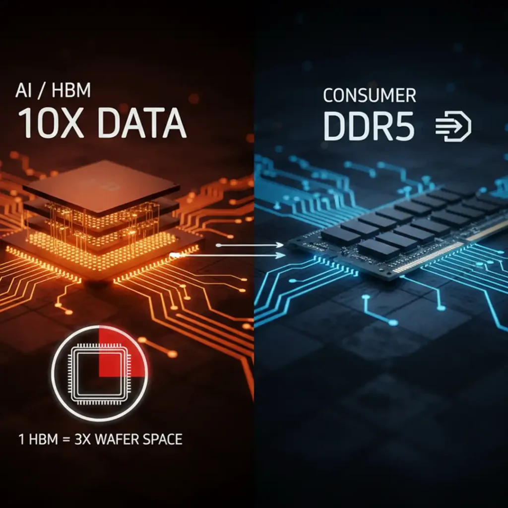 A close-up of a High Bandwidth Memory (HBM) chip and DDR5 modules on a futuristic circuit board, symbolizing AI hardware demand.