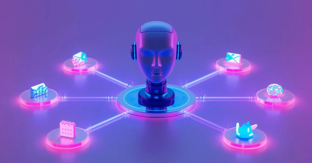 A futuristic digital hub with a central AI icon connecting multiple apps, smartwatches, and tablets, illustrating the shift toward an AI-orchestrated ecosystem.