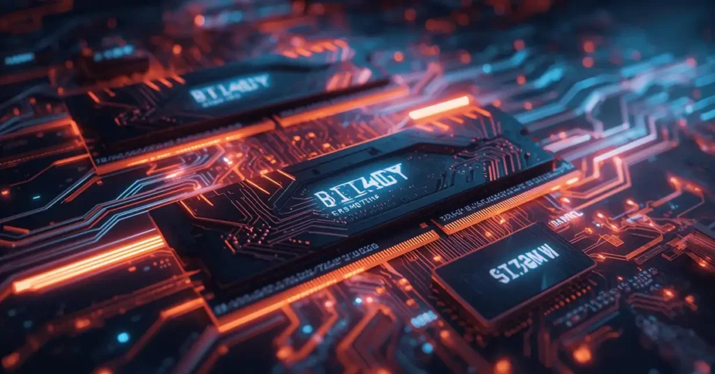 Futuristic computer RAM modules on a glowing circuit board, illustrating rising memory prices and AI technology.