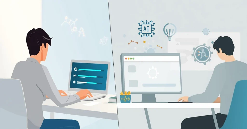 Comparison between a traditional reactive computer and a modern AI PC with proactive assistance