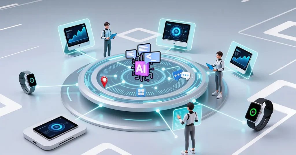 A central AI hub connecting various real-world app services like email, maps, and data analytics on different devices including smartwatches and tablets.