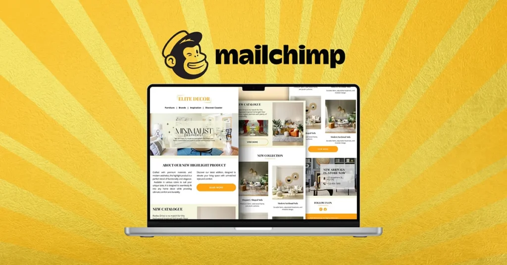 Laptop displaying Mailchimp email templates against a yellow background, highlighting professional email marketing.