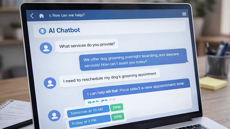 AI chatbot answering customer questions on a small business website