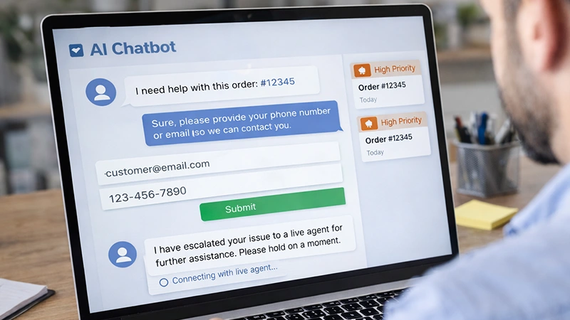 AI chatbot collecting customer contact information and escalating support issues for a small business