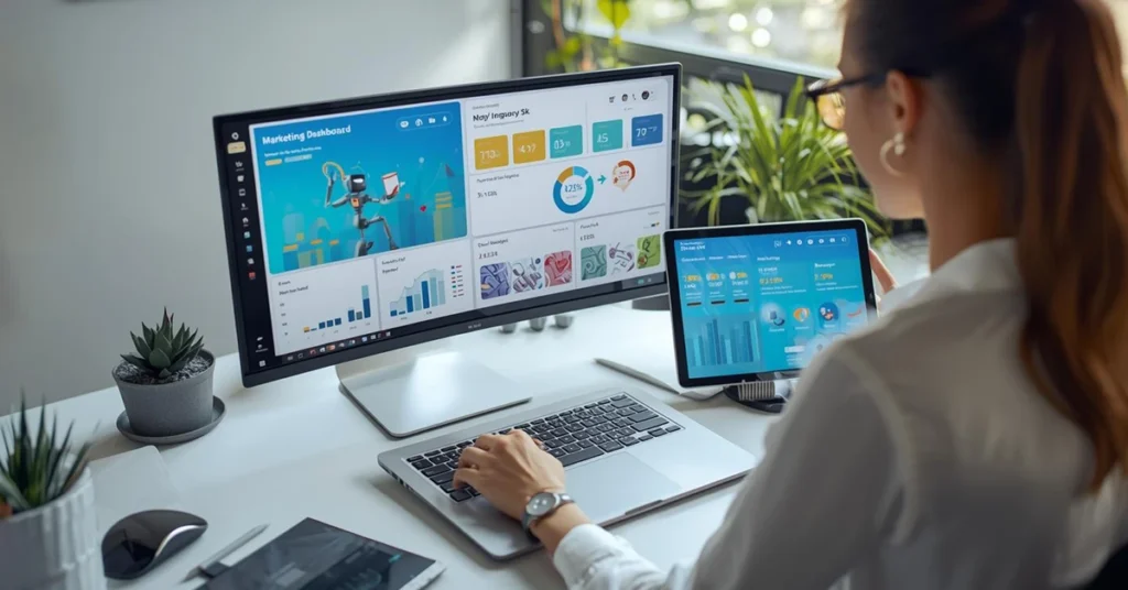 Small business owner using AI tools to improve marketing, sales, and operations