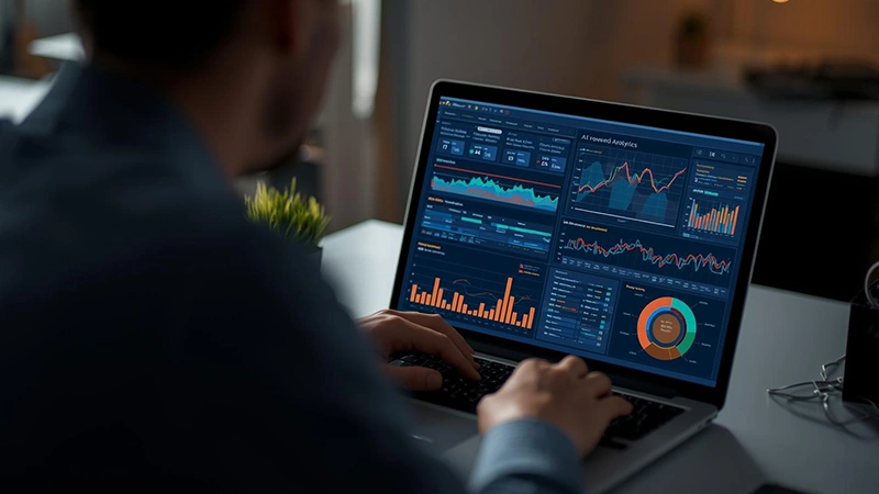 Small business owner using AI analytics to track sales, customers, and operations