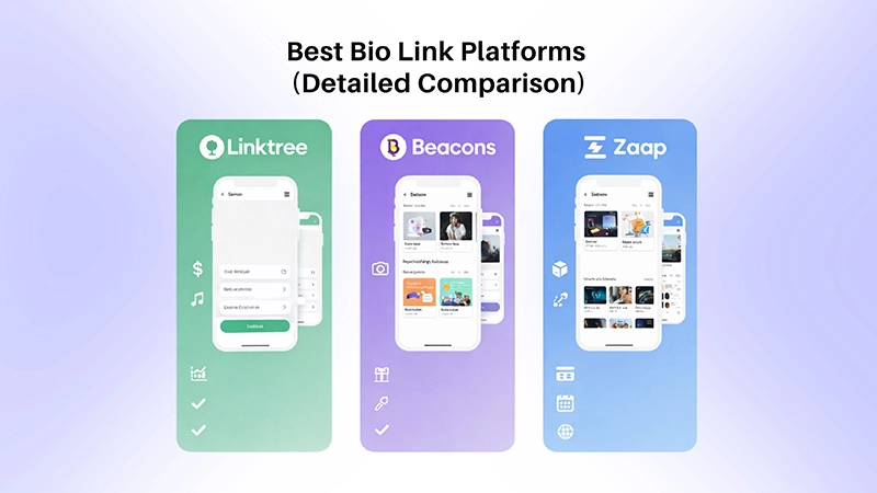 Comparison illustration of bio link platforms Linktree, Beacons, and Zaap showing features and layouts for creators in 2026