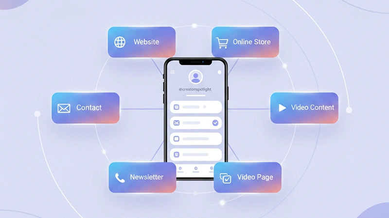 Illustration of a bio link page connecting multiple links like website, shop, newsletter, and contact