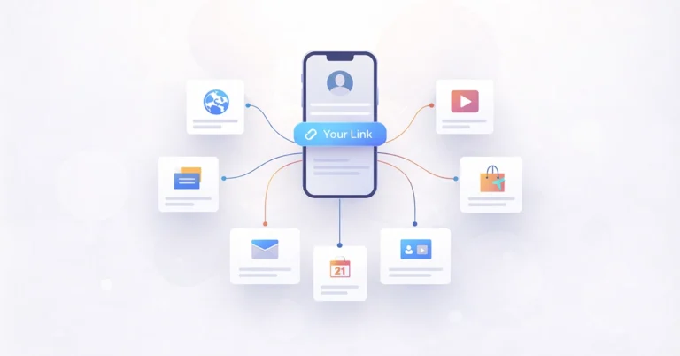 Illustration showing how a bio link connects social media profiles to multiple destinations like websites, products, and contact pages
