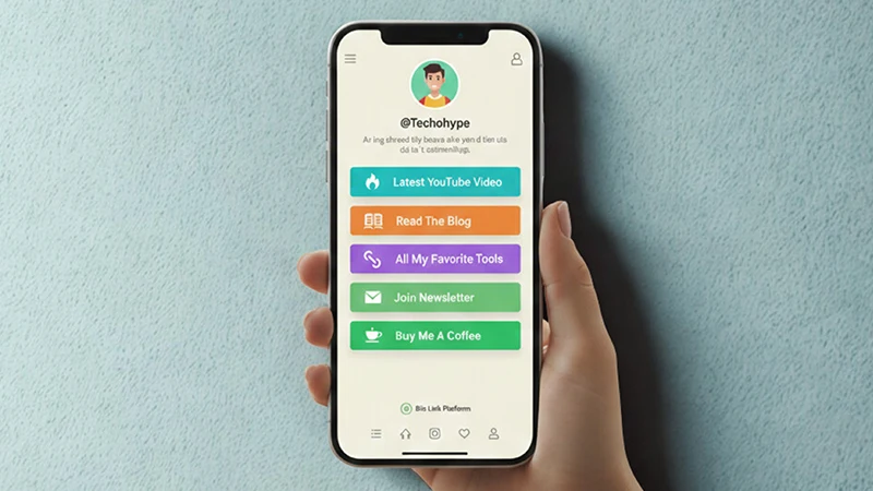 A smartphone displaying a bio link landing page with buttons for YouTube, Blog, Tools, and Newsletter.