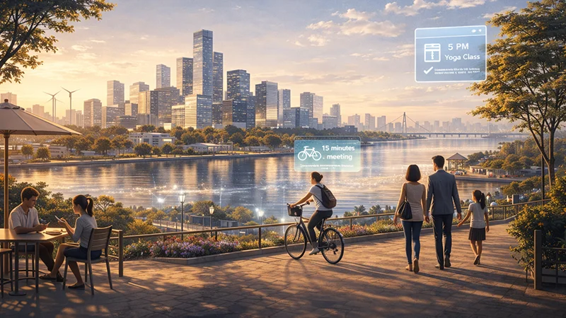 Future city showing AI blending naturally into everyday human life