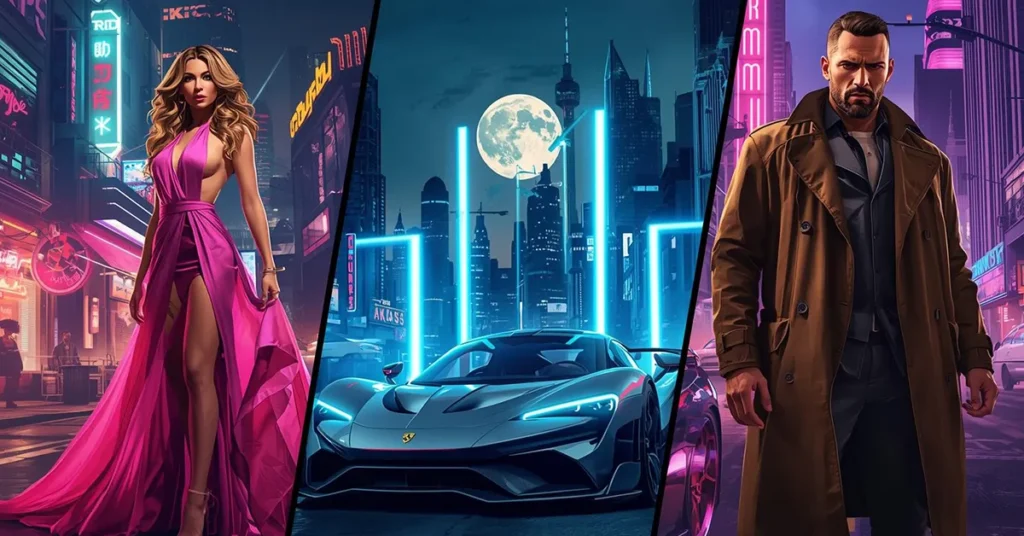 Concept illustration of GTA VI showing an AI-driven city with dynamic characters and futuristic nightlife