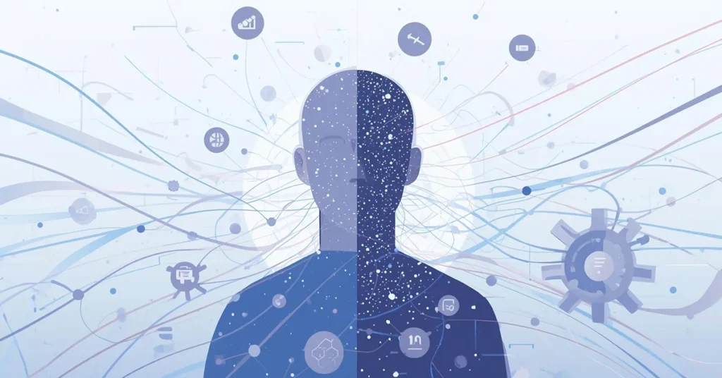 Illustration showing artificial intelligence analyzing user data around a human silhouette