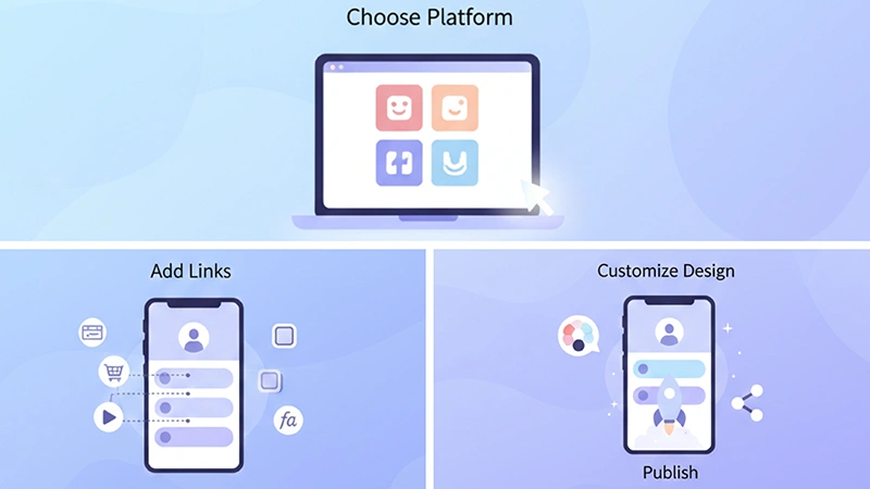 Illustration showing steps to create a bio link page from setup to publishing
