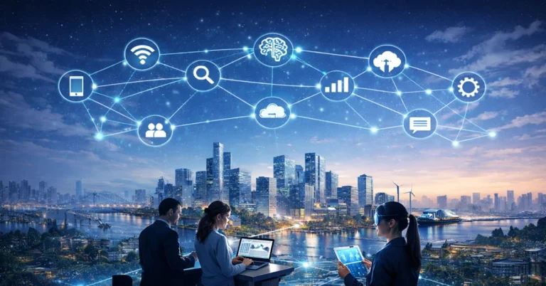 Illustration showing AI evolving as everyday infrastructure rather than science fiction technology