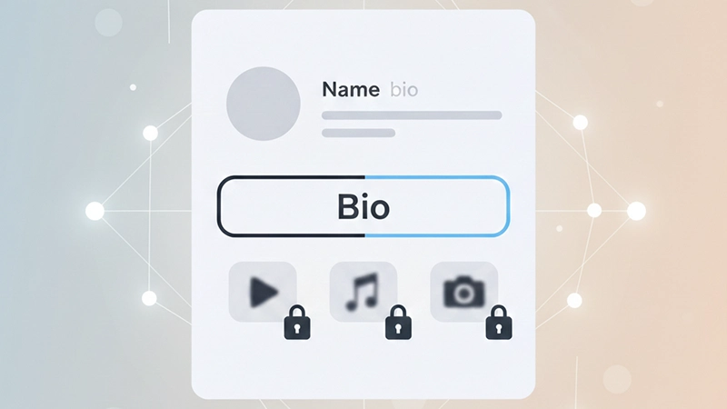 Digital illustration of a social media profile with one active link and multiple locked destination icons