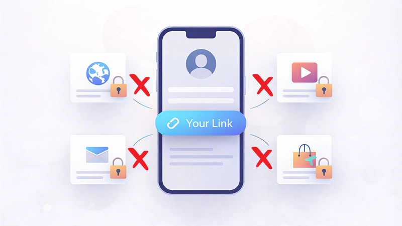 Illustration showing a social media profile with only one clickable bio link and multiple blocked destinations