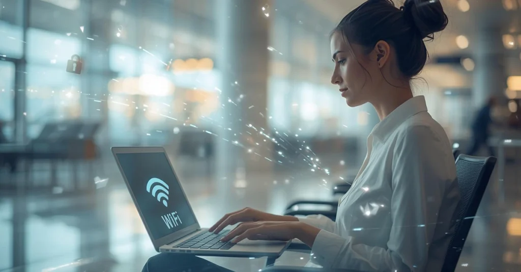 Illustration showing public Wi-Fi usage and digital security risks