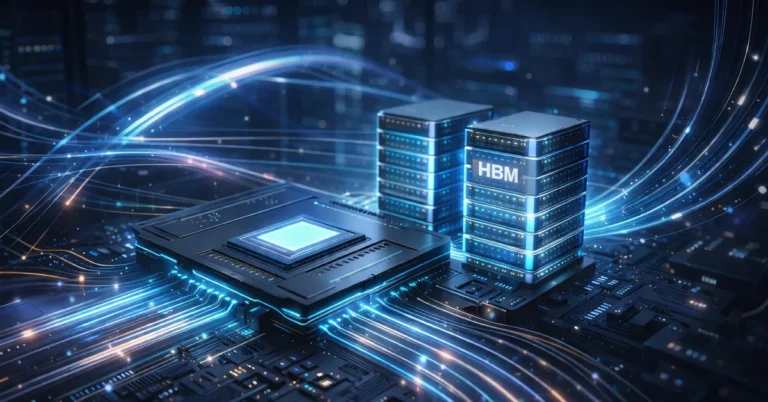 HBM memory stacked next to an AI processor enabling high-bandwidth data transfer