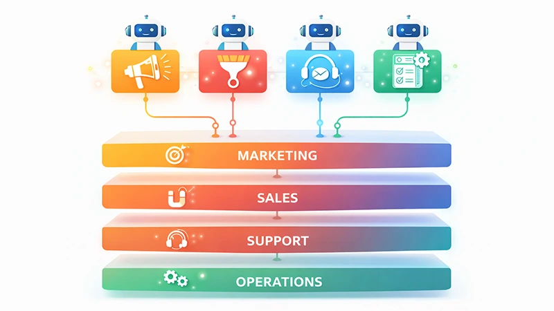 AI integration across small business workflows showing marketing, sales, and operations working together