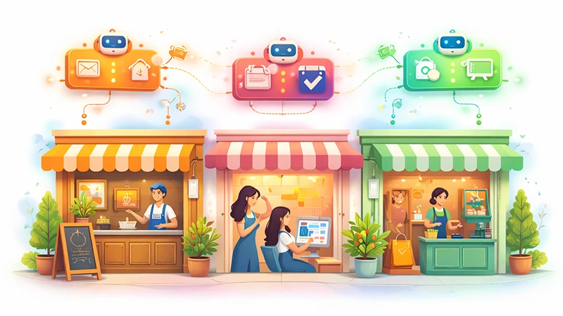 AI acting as a silent manager supporting local businesses like cafes, salons, and retail shops