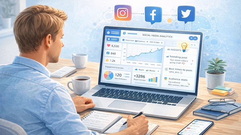 AI-powered workflow showing social media engagement flowing into automated sales and analytics systems
