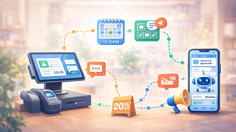 AI tools connecting scheduling, POS systems, and customer messaging for local businesses