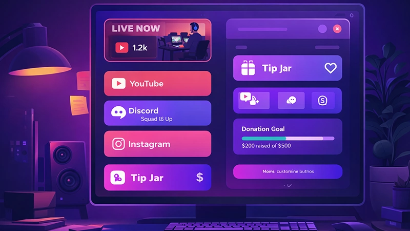 Zaap Bio interactive bio link dashboard showing key features like social links, tip jar, donation goals, and creator tools