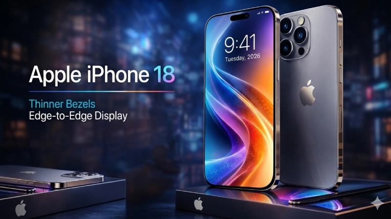 Apple iPhone 18 concept showing thinner bezels, edge-to-edge display, and titanium frame