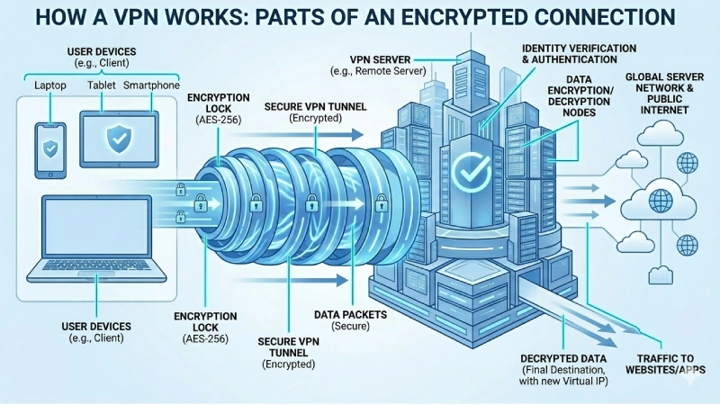 How a VPN works step by step diagram showing encrypted tunnel
