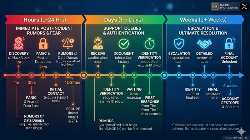 Timeline showing X account recovery stages from hack to restoration