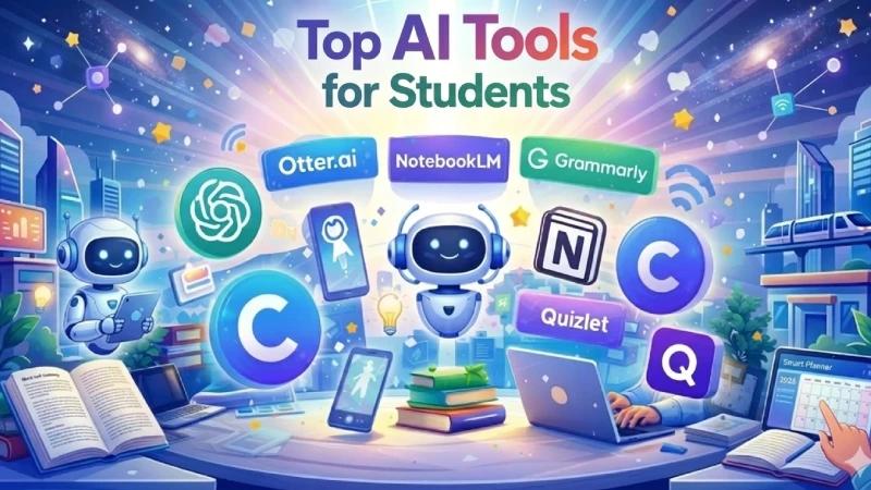 A wide infographic showing logos for Otter.ai, NotebookLM, Grammarly, and ChatGPT surrounding a friendly robot on a futuristic student desk.