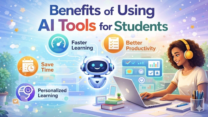 An infographic illustrating the four main benefits of AI for students: Faster Learning, Better Productivity, Save Time, and Personalized Learning.