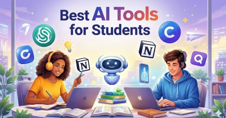 Two students, a young woman and a young man, using laptops at a desk with floating AI tool icons like Notion, Quizlet, and ChatGPT.