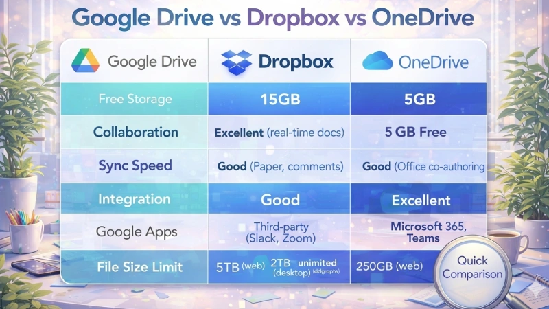 google drive vs dropbox vs onedrive comparison table features and pricing